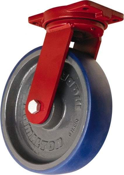 Hamilton - 12" Diam x 3" Wide x 14-1/2" OAH Top Plate Mount Swivel Caster - Polyurethane Mold onto Cast Iron Center, 2,800 Lb Capacity, Precision Tapered Roller Bearing, 6-1/8 x 7-1/2" Plate - USA Tool & Supply