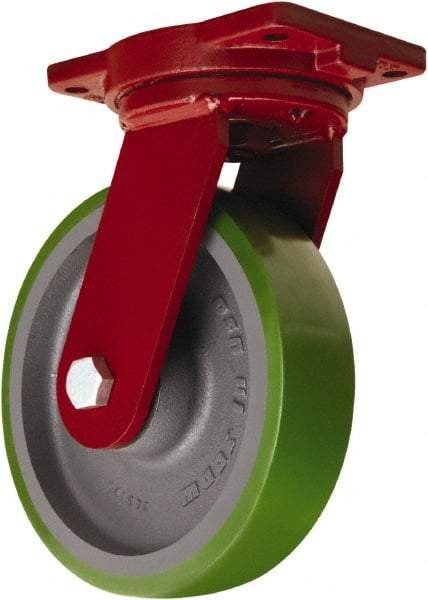 Hamilton - 10" Diam x 2-1/2" Wide x 12-1/2" OAH Top Plate Mount Swivel Caster - Polyurethane Mold onto Cast Iron Center, 2,500 Lb Capacity, Tapered Roller Bearing, 6-1/8 x 7-1/2" Plate - USA Tool & Supply