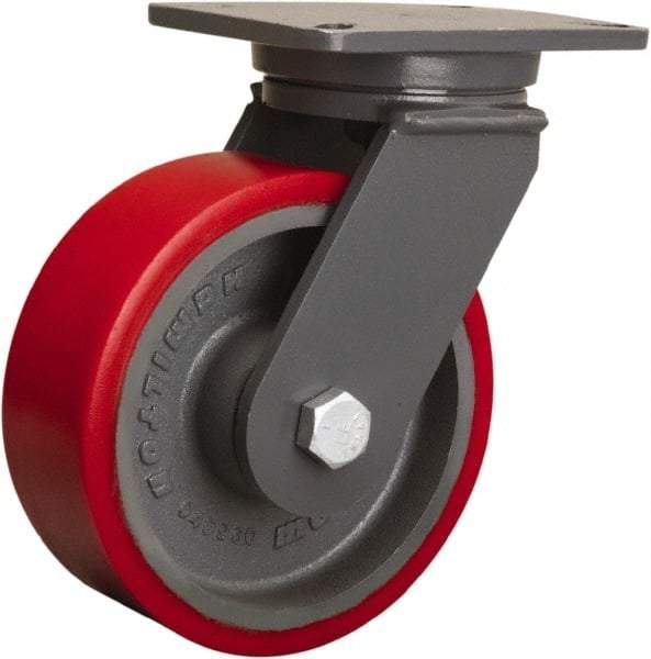 Hamilton - 8" Diam x 3" Wide x 10-1/2" OAH Top Plate Mount Swivel Caster - Polyurethane Mold onto Cast Iron Center, 3,000 Lb Capacity, Sealed Precision Ball Bearing, 5-1/4 x 7-1/4" Plate - USA Tool & Supply