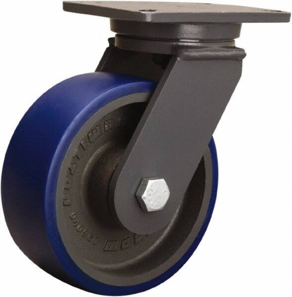 Hamilton - 8" Diam x 3" Wide x 10-1/2" OAH Top Plate Mount Swivel Caster - Polyurethane Mold onto Cast Iron Center, 2,000 Lb Capacity, Tapered Roller Bearing, 5-1/4 x 7-1/4" Plate - USA Tool & Supply