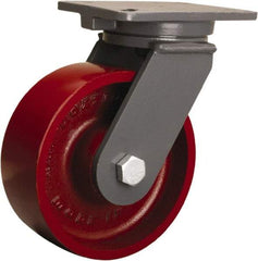 Hamilton - 8" Diam x 3" Wide x 10-1/2" OAH Top Plate Mount Swivel Caster - Cast Iron, 2,600 Lb Capacity, Tapered Roller Bearing, 5-1/4 x 7-1/4" Plate - USA Tool & Supply