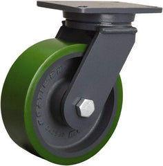 Hamilton - 8" Diam x 3" Wide x 10-1/2" OAH Top Plate Mount Swivel Caster - Polyurethane Mold onto Cast Iron Center, 2,500 Lb Capacity, Tapered Roller Bearing, 5-1/4 x 7-1/4" Plate - USA Tool & Supply