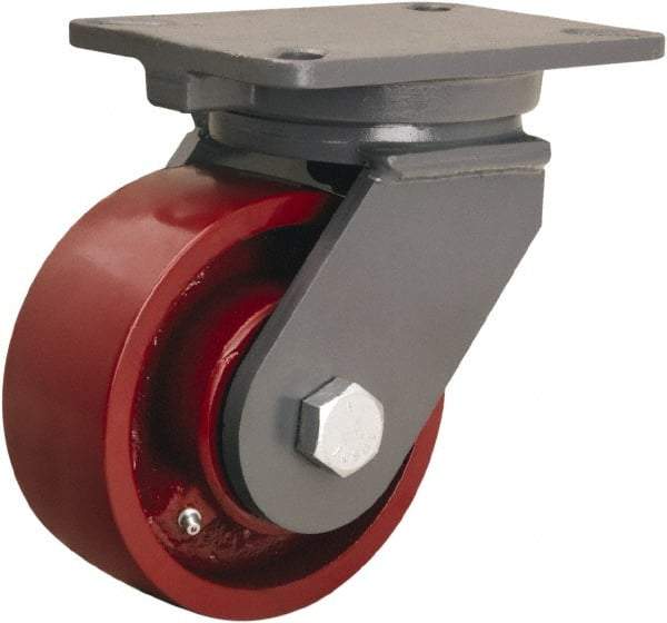 Hamilton - 6" Diam x 2-1/2" Wide x 8" OAH Top Plate Mount Swivel Caster - Cast Iron, 2,200 Lb Capacity, Straight Roller Bearing, 5-1/4 x 7-1/4" Plate - USA Tool & Supply
