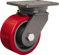 Hamilton - 6" Diam x 3" Wide x 8" OAH Top Plate Mount Swivel Caster - Polyurethane Mold onto Cast Iron Center, 2,600 Lb Capacity, Tapered Roller Bearing, 5-1/4 x 7-1/4" Plate - USA Tool & Supply