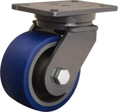 Hamilton - 6" Diam x 3" Wide x 8" OAH Top Plate Mount Swivel Caster - Polyurethane Mold onto Cast Iron Center, 1,800 Lb Capacity, Tapered Roller Bearing, 5-1/4 x 7-1/4" Plate - USA Tool & Supply