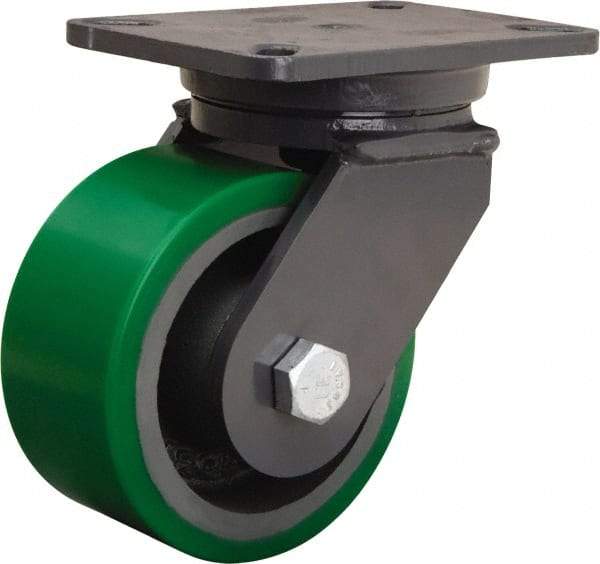 Hamilton - 6" Diam x 3" Wide x 8" OAH Top Plate Mount Swivel Caster - Polyurethane Mold onto Cast Iron Center, 2,200 Lb Capacity, Tapered Roller Bearing, 5-1/4 x 7-1/4" Plate - USA Tool & Supply