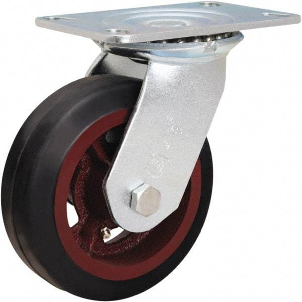 Hamilton - 6" Diam x 2" Wide x 7-1/2" OAH Top Plate Mount Swivel Caster - Rubber Mold on Cast Iron, 410 Lb Capacity, Straight Roller Bearing, 4-1/2 x 6-1/4" Plate - USA Tool & Supply