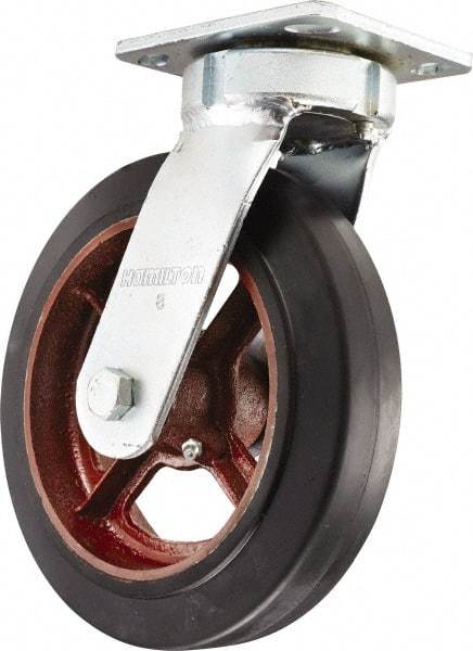 Hamilton - 8" Diam x 2" Wide x 9-1/2" OAH Top Plate Mount Swivel Caster - Rubber Mold on Cast Iron, Straight Roller Bearing, 4 x 4-1/2" Plate - USA Tool & Supply