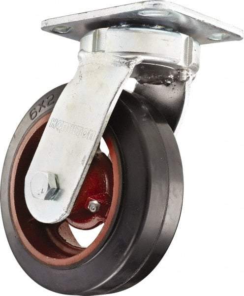 Hamilton - 6" Diam x 2" Wide x 7-1/2" OAH Top Plate Mount Swivel Caster - Rubber Mold on Cast Iron, Straight Roller Bearing, 4 x 4-1/2" Plate - USA Tool & Supply