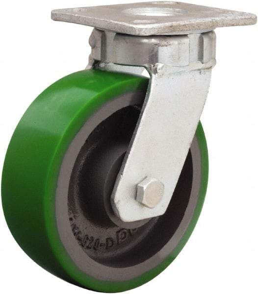 Hamilton - 6" Diam x 2" Wide x 7-1/2" OAH Top Plate Mount Swivel Caster - Polyurethane Mold onto Cast Iron Center, 1,200 Lb Capacity, Sealed Precision Ball Bearing, 4 x 4-1/2" Plate - USA Tool & Supply