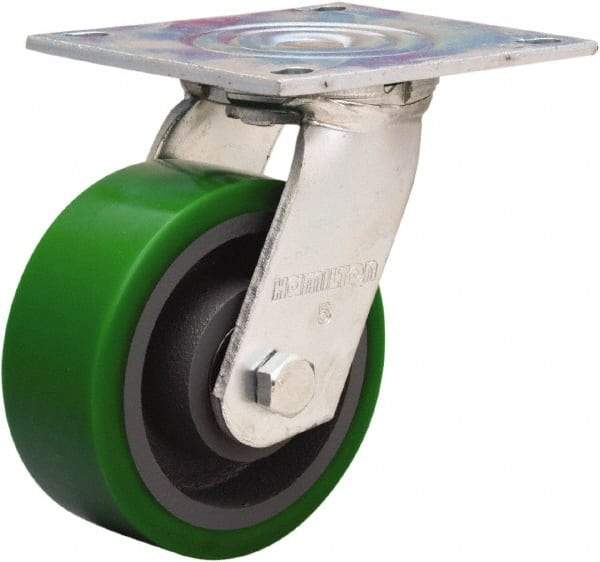 Hamilton - 5" Diam x 2" Wide x 7" OAH Top Plate Mount Swivel Caster - Polyurethane Mold onto Cast Iron Center, 1,050 Lb Capacity, Sealed Precision Ball Bearing, 4 x 4-1/2" Plate - USA Tool & Supply