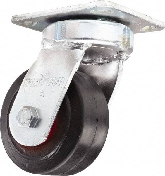 Hamilton - 4" Diam x 2" Wide x 5-5/8" OAH Top Plate Mount Swivel Caster - Rubber Mold on Cast Iron, Straight Roller Bearing, 4 x 4-1/2" Plate - USA Tool & Supply