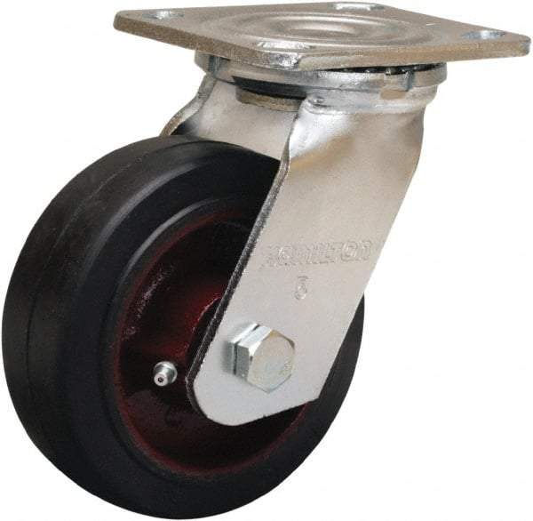 Hamilton - 5" Diam x 2" Wide x 6-1/2" OAH Top Plate Mount Swivel Caster - Rubber Mold on Cast Iron, 350 Lb Capacity, Straight Roller Bearing, 4 x 4-1/2" Plate - USA Tool & Supply