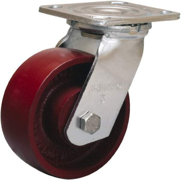 Hamilton - 5" Diam x 2" Wide x 6-1/2" OAH Top Plate Mount Swivel Caster - Cast Iron, 1,250 Lb Capacity, Precision Ball Bearing, 4 x 4-1/2" Plate - USA Tool & Supply