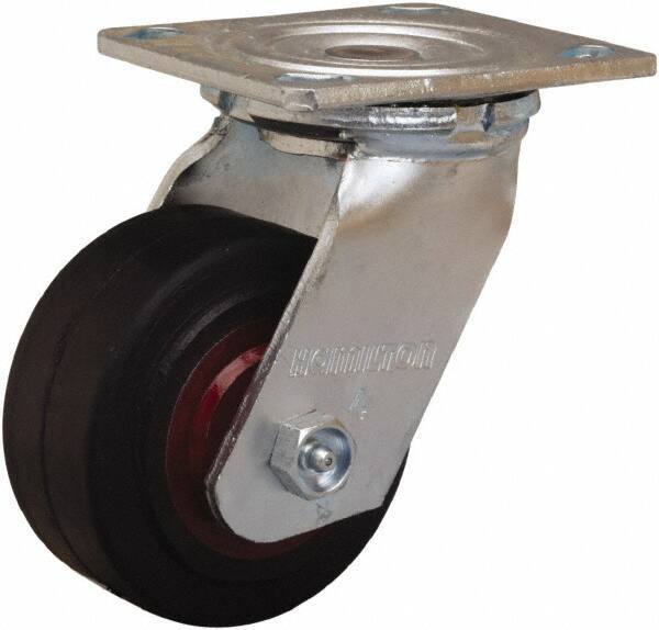 Hamilton - 4" Diam x 2" Wide x 5-5/8" OAH Top Plate Mount Swivel Caster - Rubber Mold on Cast Iron, 300 Lb Capacity, Straight Roller Bearing, 4 x 4-1/2" Plate - USA Tool & Supply