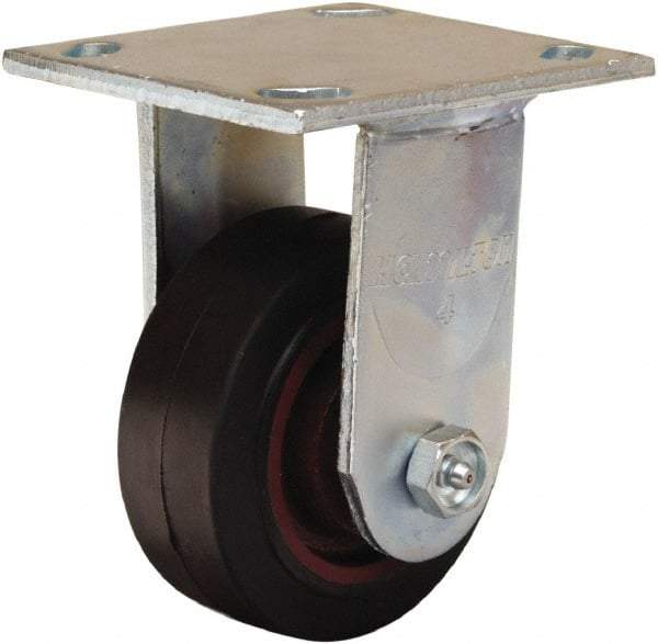 Hamilton - 4" Diam x 1-1/2" Wide x 5-5/8" OAH Top Plate Mount Rigid Caster - Rubber Mold on Cast Iron, 200 Lb Capacity, Straight Roller Bearing, 4 x 4-1/2" Plate - USA Tool & Supply
