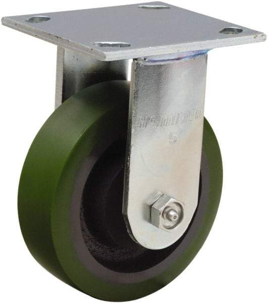Hamilton - 5" Diam x 1-1/2" Wide x 6-1/8" OAH Top Plate Mount Rigid Caster - Polyurethane Mold onto Cast Iron Center, 550 Lb Capacity, Straight Roller Bearing, 4 x 4-1/2" Plate - USA Tool & Supply