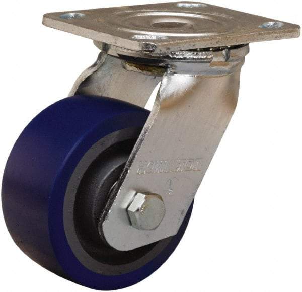 Hamilton - 4" Diam x 2" Wide x 5-5/8" OAH Top Plate Mount Swivel Caster - Polyurethane Mold onto Cast Iron Center, 600 Lb Capacity, Sealed Precision Ball Bearing, 4 x 4-1/2" Plate - USA Tool & Supply