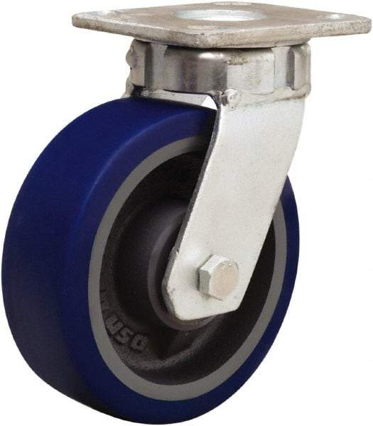Hamilton - 6" Diam x 2" Wide x 7-1/2" OAH Top Plate Mount Swivel Caster - Polyurethane Mold onto Cast Iron Center, 960 Lb Capacity, Sealed Precision Ball Bearing, 4 x 4-1/2" Plate - USA Tool & Supply
