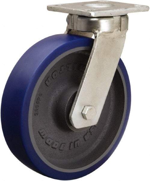 Hamilton - 8" Diam x 2" Wide x 9-1/2" OAH Top Plate Mount Swivel Caster - Polyurethane Mold onto Cast Iron Center, 1,200 Lb Capacity, Sealed Precision Ball Bearing, 4 x 4-1/2" Plate - USA Tool & Supply