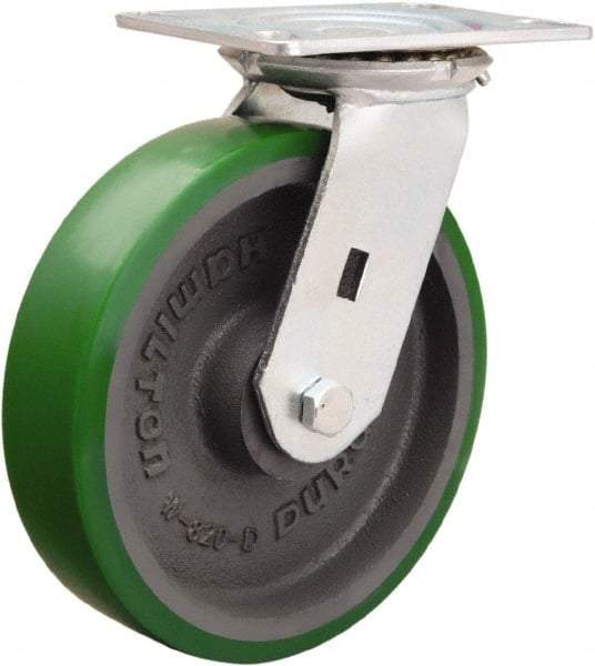 Hamilton - 8" Diam x 2" Wide x 9-1/2" OAH Top Plate Mount Swivel Caster - Polyurethane Mold onto Cast Iron Center, 1,500 Lb Capacity, Sealed Precision Ball Bearing, 4-1/2 x 6-1/4" Plate - USA Tool & Supply