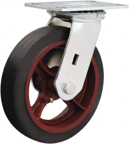 Hamilton - 8" Diam x 2" Wide x 9-1/2" OAH Top Plate Mount Swivel Caster - Rubber Mold on Cast Iron, 500 Lb Capacity, Straight Roller Bearing, 4-1/2 x 6-1/4" Plate - USA Tool & Supply