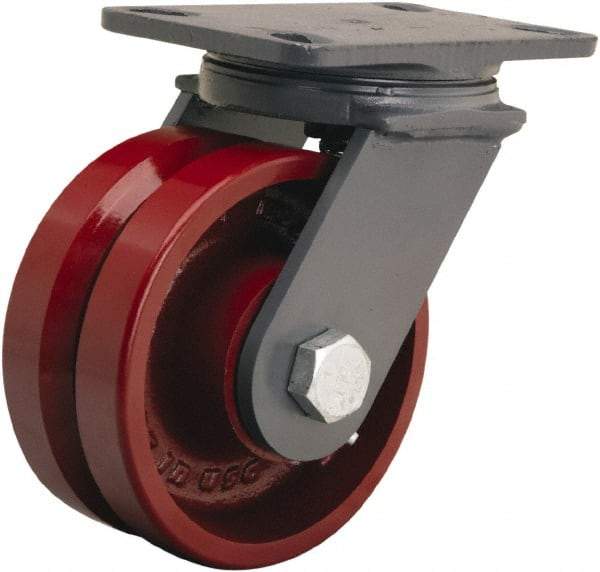 Hamilton - 6" Diam x 2-3/4" Wide, Iron Swivel Caster - 2,500 Lb Capacity, Top Plate Mount, 5-1/4" x 7-1/4" Plate, Tapered Roller Bearing - USA Tool & Supply