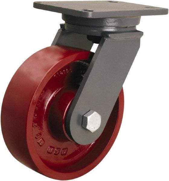 Hamilton - 8" Diam x 2-1/2" Wide x 10-1/2" OAH Top Plate Mount Swivel Caster - Cast Iron, 2,500 Lb Capacity, Tapered Roller Bearing, 5-1/4 x 7-1/4" Plate - USA Tool & Supply
