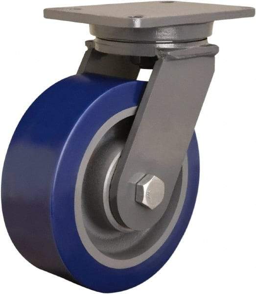Hamilton - 8" Diam x 3" Wide x 10-1/2" OAH Top Plate Mount Swivel Caster - Polyurethane Mold onto Cast Iron Center, 3,500 Lb Capacity, Straight Roller Bearing, 5-1/4 x 7-1/4" Plate - USA Tool & Supply