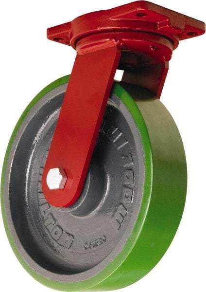 Hamilton - 12" Diam x 3" Wide x 14-1/2" OAH Top Plate Mount Swivel Caster - Polyurethane Mold onto Cast Iron Center, 3,500 Lb Capacity, Tapered Roller Bearing, 6-1/8 x 7-1/2" Plate - USA Tool & Supply