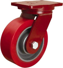 Hamilton - 8" Diam x 3" Wide x 10-1/2" OAH Top Plate Mount Swivel Caster - Polyurethane Mold onto Cast Iron Center, 4,400 Lb Capacity, Sealed Precision Ball Bearing, 6-1/8 x 7-1/2" Plate - USA Tool & Supply
