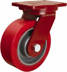 Hamilton - 8" Diam x 3" Wide x 10-1/2" OAH Top Plate Mount Swivel Caster - Polyurethane Mold onto Cast Iron Center, 4,400 Lb Capacity, Tapered Roller Bearing, 6-1/8 x 7-1/2" Plate - USA Tool & Supply