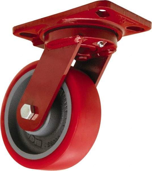 Hamilton - 6" Diam x 2" Wide x 7-3/4" OAH Top Plate Mount Swivel Caster - Polyurethane Mold onto Cast Iron Center, 1,400 Lb Capacity, Sealed Precision Ball Bearing, 4-1/2 x 6-1/2" Plate - USA Tool & Supply