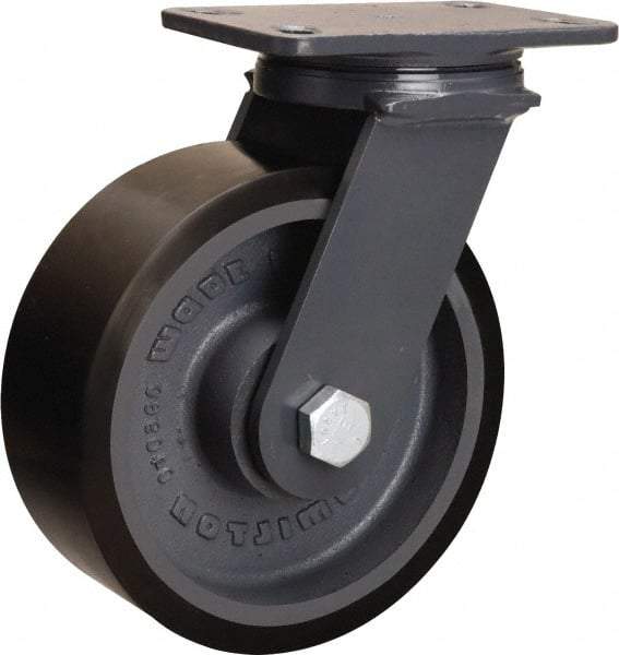 Hamilton - 8" Diam x 3" Wide x 10-1/4" OAH Top Plate Mount Swivel Caster - Polyurethane Mold onto Cast Iron Center, 2,400 Lb Capacity, Tapered Roller Bearing, 4-1/2 x 6-1/2" Plate - USA Tool & Supply