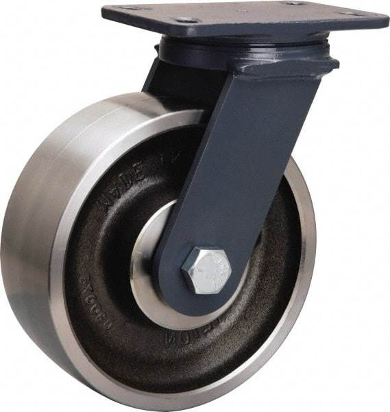Hamilton - 8" Diam x 3" Wide x 10-1/4" OAH Top Plate Mount Swivel Caster - Forged Steel, 2,400 Lb Capacity, Tapered Roller Bearing, 4-1/2 x 6-1/2" Plate - USA Tool & Supply