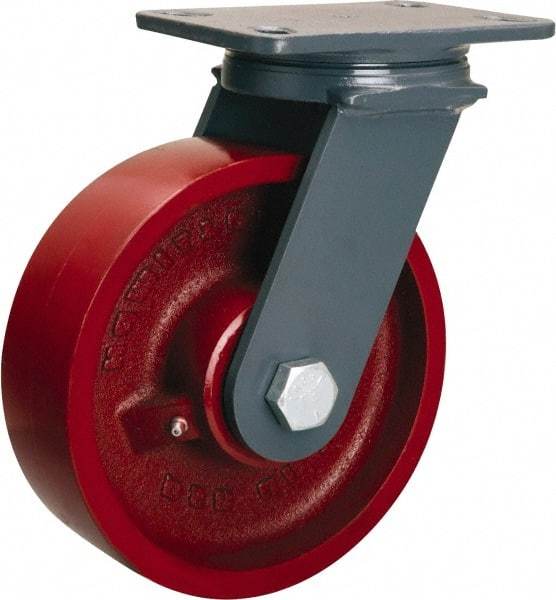 Hamilton - 8" Diam x 2-1/2" Wide x 10-1/4" OAH Top Plate Mount Swivel Caster - Cast Iron, 2,400 Lb Capacity, Tapered Roller Bearing, 4-1/2 x 6-1/2" Plate - USA Tool & Supply