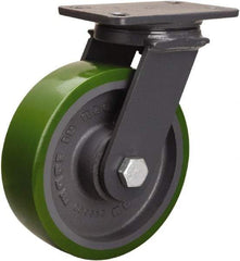 Hamilton - 8" Diam x 2-1/2" Wide x 10-1/4" OAH Top Plate Mount Swivel Caster - Polyurethane Mold onto Cast Iron Center, 2,000 Lb Capacity, Tapered Roller Bearing, 4-1/2 x 6-1/2" Plate - USA Tool & Supply