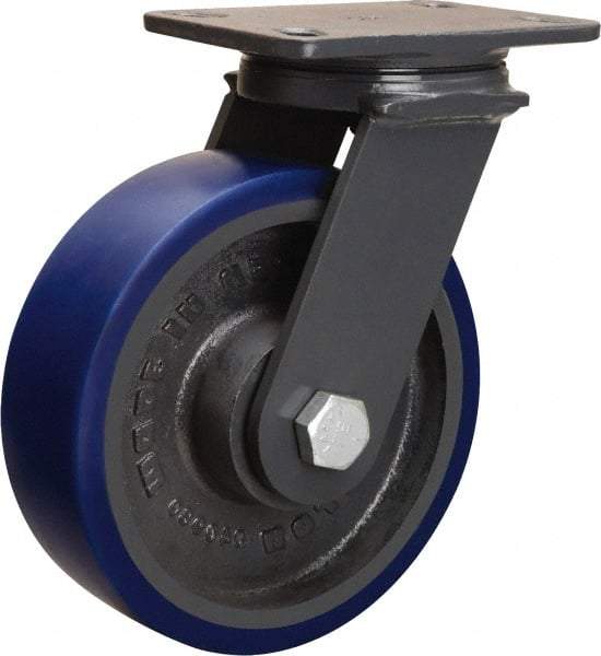 Hamilton - 8" Diam x 3" Wide x 10-1/4" OAH Top Plate Mount Swivel Caster - Polyurethane Mold onto Cast Iron Center, 2,000 Lb Capacity, Sealed Precision Ball Bearing, 4-1/2 x 6-1/2" Plate - USA Tool & Supply