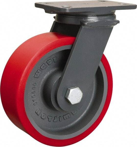 Hamilton - 8" Diam x 3" Wide x 10-1/4" OAH Top Plate Mount Swivel Caster - Polyurethane Mold onto Cast Iron Center, 2,400 Lb Capacity, Sealed Precision Ball Bearing, 4-1/2 x 6-1/2" Plate - USA Tool & Supply