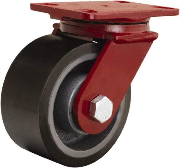Hamilton - 6" Diam x 3" Wide x 7-1/2" OAH Top Plate Mount Swivel Caster - Polyurethane Mold onto Cast Iron Center, 2,200 Lb Capacity, Tapered Roller Bearing, 4-1/2 x 6-1/2" Plate - USA Tool & Supply