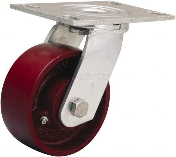 Hamilton - 5" Diam x 2" Wide x 6-1/2" OAH Top Plate Mount Swivel Caster - Cast Iron, 1,250 Lb Capacity, Sealed Precision Ball Bearing, 4-1/2 x 6-1/4" Plate - USA Tool & Supply