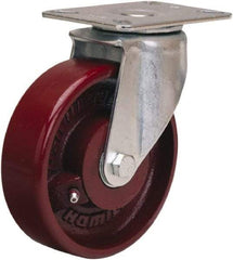 Hamilton - 5" Diam x 1-1/2" Wide x 6-3/8" OAH Top Plate Mount Swivel Caster - Cast Iron, 450 Lb Capacity, Straight Roller Bearing, 3-1/8 x 4-1/8" Plate - USA Tool & Supply