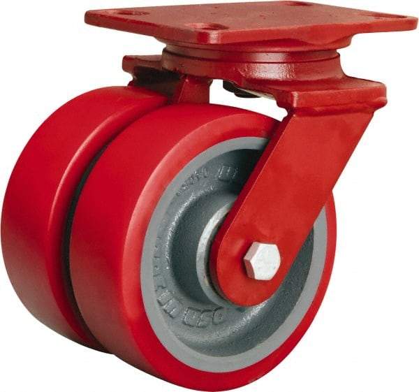 Hamilton - 6" Diam x 2" Wide x 7-3/4" OAH Top Plate Mount Dual Swivel Caster - Polyurethane Mold on Forged Steel, 2,500 Lb Capacity, Tapered Roller Bearing, 4-1/2 x 6-1/2" Plate - USA Tool & Supply