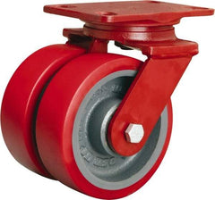 Hamilton - 6" Diam x 2" Wide x 7-3/4" OAH Top Plate Mount Dual Swivel Caster - Polyurethane Mold on Forged Steel, 2,500 Lb Capacity, Tapered Roller Bearing, 4-1/2 x 6-1/2" Plate - USA Tool & Supply