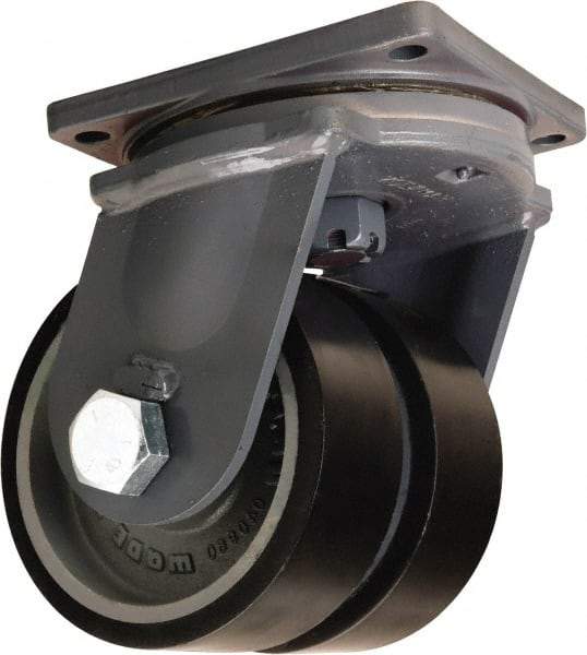 Hamilton - 8" Diam x 3" Wide x 11" OAH Top Plate Mount Dual Swivel Caster - Polyurethane Mold onto Cast Iron Center, 6,500 Lb Capacity, Tapered Roller Bearing, 8-1/2 x 8-1/2" Plate - USA Tool & Supply