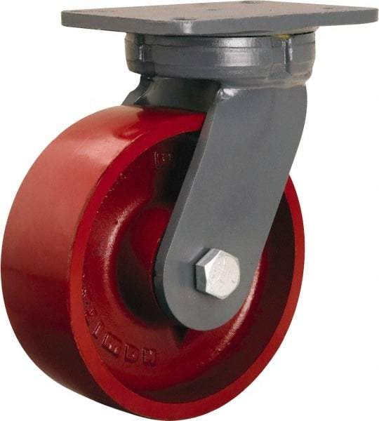 Hamilton - 8" Diam x 3" Wide x 10-1/2" OAH Top Plate Mount Swivel Caster - Cast Iron, 2,600 Lb Capacity, Tapered Roller Bearing, 5-1/4 x 7-1/4" Plate - USA Tool & Supply