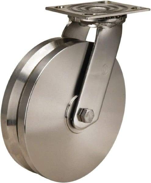 Hamilton - 8" Diam x 2" Wide, Stainless Steel Swivel Caster - 800 Lb Capacity, Top Plate Mount, 3-3/4" x 4-1/2" Plate, Delrin Bearing - USA Tool & Supply