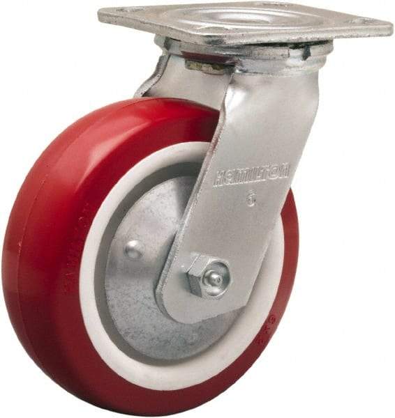 Hamilton - 6" Diam x 2" Wide x 7-1/2" OAH Top Plate Mount Swivel Caster - Polyurethane Mold on Polypropylene, 900 Lb Capacity, Straight Roller Bearing, 4 x 4-1/2" Plate - USA Tool & Supply