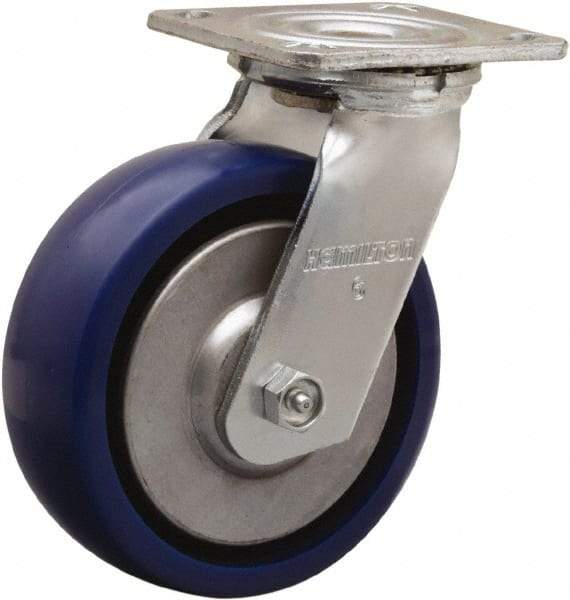 Hamilton - 6" Diam x 2" Wide x 7-1/2" OAH Top Plate Mount Swivel Caster - Polyurethane, 900 Lb Capacity, Sealed Precision Ball Bearing, 4 x 4-1/2" Plate - USA Tool & Supply