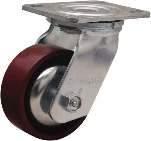 Hamilton - 4" Diam x 1-1/2" Wide x 5-5/8" OAH Top Plate Mount Swivel Caster - Cast Iron, 550 Lb Capacity, Straight Roller Bearing, 4 x 4-1/2" Plate - USA Tool & Supply